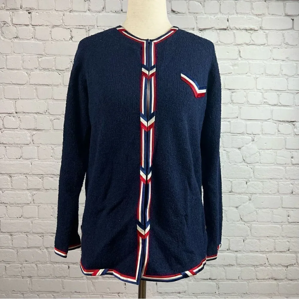Vintage Cyntotles Americana Patriotic Nautical Cardigan Navy, w/ Red/White Trim